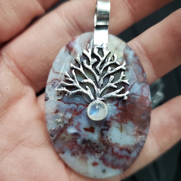 New Seam Agate and Rainbow Moonstone 925 Silver Pendant. - Picture 3 of 14